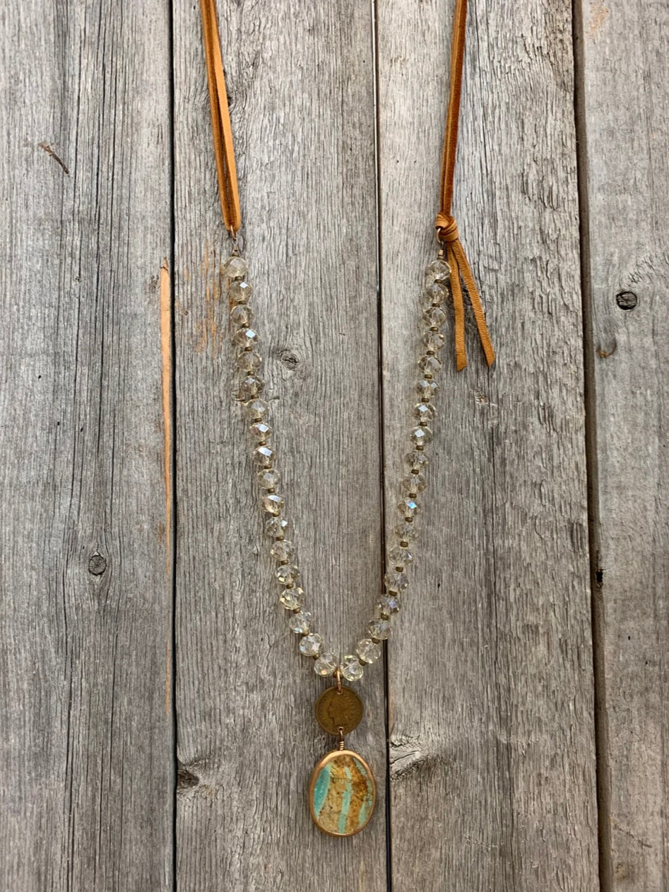 Golden Crystal, Penny, & Turquoise Drop Necklace